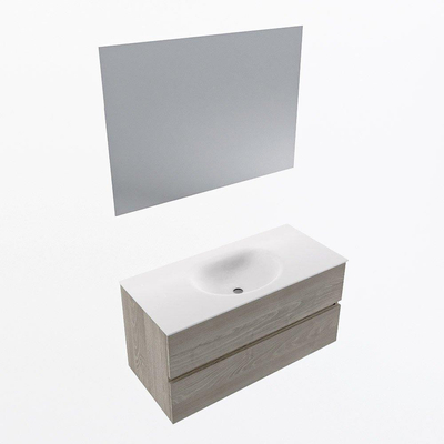 Mondiaz VICA ensemble de meuble de salle de bain - 100cm - meuble sous-vasque marron clair gris - 2 tiroirs - lavabo lune milieu - sans trous de robinet - couleur talc - miroir LED - version XL 60cm haut