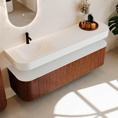 MONDIAZ THOR 170cm meuble de salle de bains arrondi gauche + droite couleur Ruby avec 1 tiroir et 2 portes. Vasque suspendue CLOUD Gauche 1 trou de robinet couleur Talc.