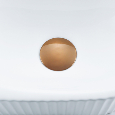 QeramiQ Fuente Ensemble de Lavabo - 40x21.5x12cm - strié - demi-rond - céramique - ensemble de robinet en cuivre brossé - bouchon de vidange - siphon réduit - blanc brillant