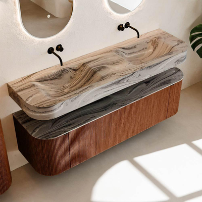 MONDIAZ THOR-DLUX 160cm meuble de salle de bains arrondi gauche + droite couleur Ruby avec 1 tiroir et 2 portes. Vasque suspendue CLOUD Double sans trou de robinet couleur Sombra.