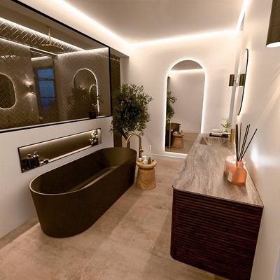 Mondiaz CIRO-DLUX Meuble de salle de bains - 190x45x50cm - Plan vasque solid surface Oza - 1 lavabo à gauche - 1 trou de robinet - 4 tiroirs - Noyer