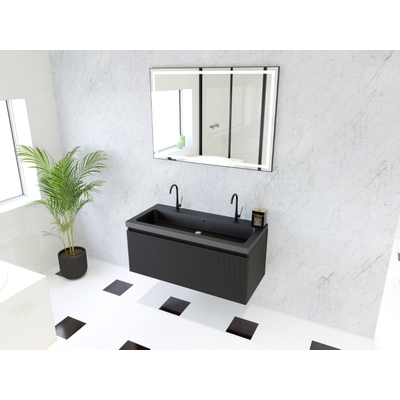 HR Matrix ensemble meuble de salle de bain 3d 100cm 1 tiroir sans poignée avec bandeau couleur noir mat avec vasque djazz 2 trous de robinetterie noir mat