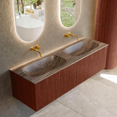 MONDIAZ KURVE-DLUX Meuble de salle de bains 150cm couleur Ruby avec 2 tiroirs et 0 portes. Lavabo STOR SMALL Double sans trou de robinet Oza.