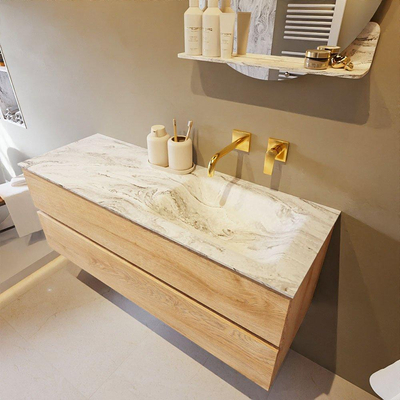 Mondiaz VICA-DLUX ensemble de meuble de salle de bain - 130cm - meuble sous-vasque chêne blanchi - 2 tiroirs - lavabo encastré cloud droite - sans trous de robinet - version haute de 60cm - glace