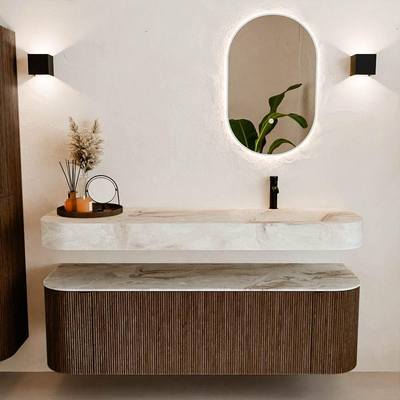 MONDIAZ THOR-DLUX 150cm meuble de salle de bains arrondi gauche + droite couleur Walnut avec 1 tiroir et 2 portes. Vasque suspendue CLOUD Droite 1 trou de robinet couleur Frappe.