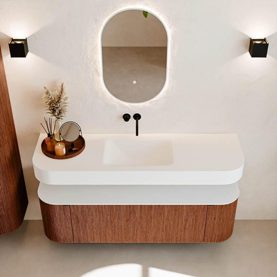 MONDIAZ THOR 150cm meuble de salle de bains arrondi gauche + droite couleur Ruby avec 1 tiroir et 2 portes. Vasque suspendue CLOUD Milieu sans trou de robinet couleur Talc.