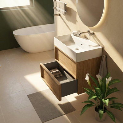 Ensemble meuble de salle de bains Saniclass Holz Frame - 80x45x72cm - lavabo Legend en céramique blanc mat - 1 vasque - sans trou de robinetterie - 2 tiroirs - chêne natural mat (bois)