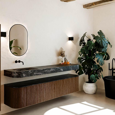 MONDIAZ THOR-DLUX 200cm meuble de salle de bains arrondi gauche + droite couleur Walnut avec 2 tiroirs et 2 portes. Vasque suspendue CLOUD Gauche sans trou de robinet couleur Lava.