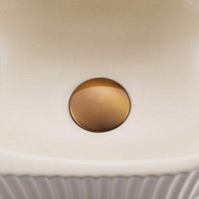 QeramiQ Fuente Ensemble de Lavabo - 40x21.5x12cm - strié - demi-rond - sans trou pour robinet céramique - ensemble de robinet en cuivre brossé - bouchon de vidange - siphon réduit - beige