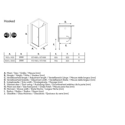 Sealskin Hooked Porte de douche pivotante 90x90cm avec paroi latérale verre de sécurité 6mm Argent brillant