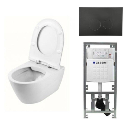 QeramiQ Salina Rimfree Pack WC avec abattant WC, réservoir encastrable et plaque de commande noir mat
