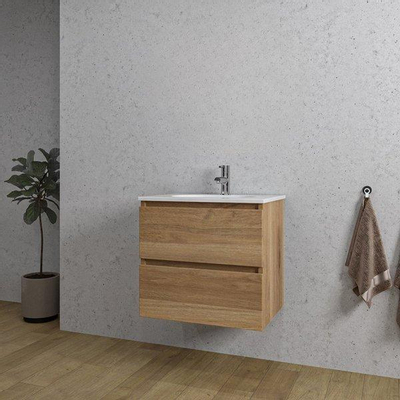 Adema Chaci Ensemble meuble de salle de bains - 60x46x57cm - 1 vasque ovale en céramique blanche - 1 trou pour robinet - 2 tiroirs - cannelle