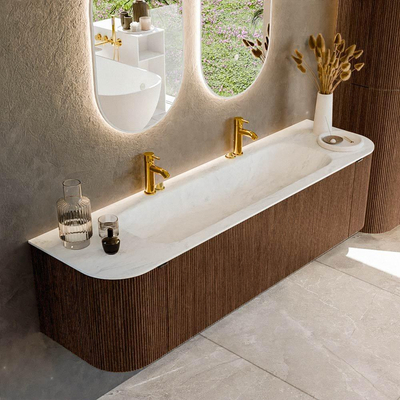 MONDIAZ KURVE-DLUX 170cm badmeubel met module 25 Len R kleur Walnut met 1 lade en 2 deuren. Wastafel BIG LARGE midden 2 kraangaten kleur Opalo.