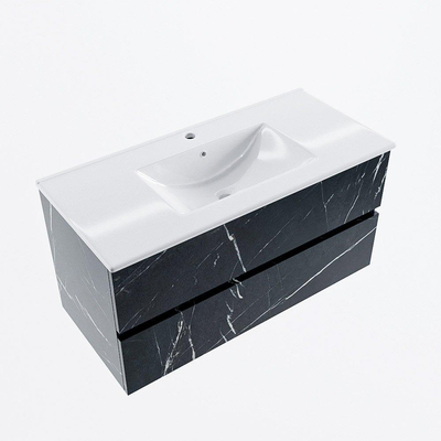 Mondiaz VICA ensemble de meuble de salle de bain - 100cm - meuble sous-vasque marquina - 2 tiroirs - lavabo denia milieu - 1 trou de robinet - version haute de 60cm - blanc brillant