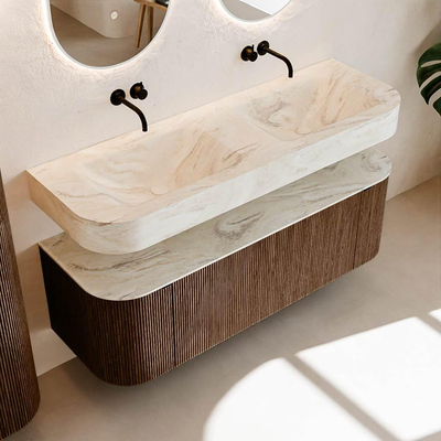 MONDIAZ THOR-DLUX Meuble de salle de bains 140cm arrondi gauche + droite couleur Walnut avec 1 tiroir et 2 portes. Vasque suspendue CLOUD Double sans trou de robinet couleur Ostra.