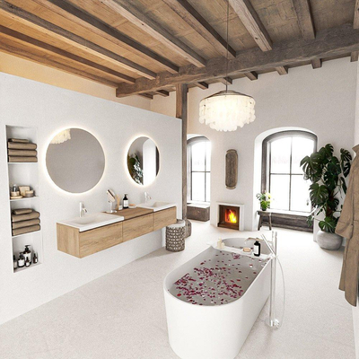 MONDIAZ BUKLA 180cm badmeubel met module 60 kleur Washed Oak met 3 lades. Wastafel CLOUD dubbel 2 kraangaten kleur Talc.