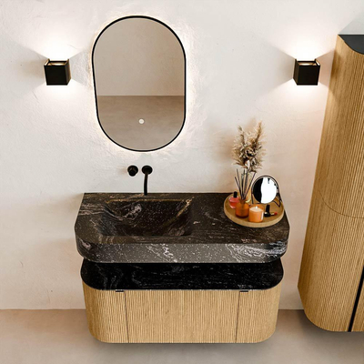 MONDIAZ THOR-DLUX Meuble de salle de bains 110cm arrondi gauche + droite couleur Oak avec 1 tiroir et 2 portes. Vasque suspendue CLOUD Gauche sans trou de robinet couleur Lava.