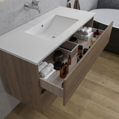 Adema Chaci Ensemble de meuble - 100x46x57cm - 1 vasque en céramique blanche - sans trou de robinet - 2 tiroirs - armoire de toilette - Noyer