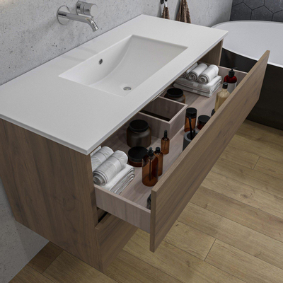 Saniclass Chaci Meuble de salle de bain - 100x46x55cm - lavabo en céramique blanc - 1 vasque - sans trous de robinet - 2 tiroirs - miroir rectangulaire - noyer (hout)