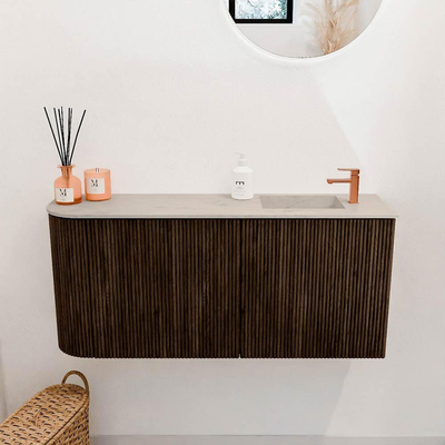 Mondiaz JOYA-DLUX 91.6cm toiletmeubel - ronding links kleur Walnut - Wastafel FAYE positie Rechts 1 kraangat kleur Opalo.