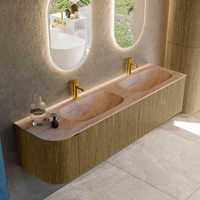 MONDIAZ KURVE-DLUX 175cm badmeubel ronding Links kleur Dusk met 2 lades en 1 deur. Wastafel STOR SMALL Dubbel / Rechts 2 kraangaten Saba.