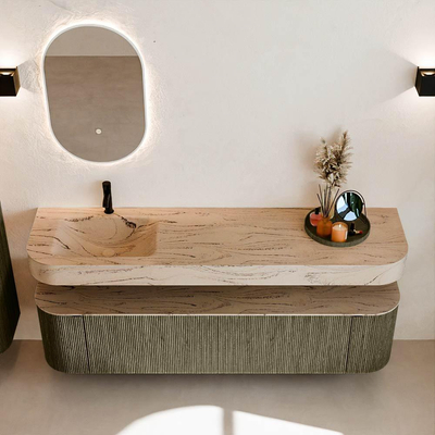 MONDIAZ THOR-DLUX 180cm meuble de salle de bains arrondi gauche + droite couleur Shadow avec 2 tiroirs et 2 portes. Vasque suspendue CLOUD Gauche 1 trou de robinet couleur Arena.