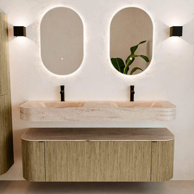 MONDIAZ THOR-DLUX 150cm meuble de salle de bains arrondi gauche + droite couleur Dusk avec 1 tiroir et 2 portes. Vasque suspendue CLOUD Double 2 trous de robinet couleur Saba.