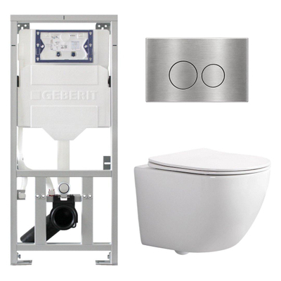 QeramiQ Dely Swirl Compact Toiletset - inbouwreservoir Geberit UP320 - met Burda frame - slim zitting - metalen bedieningsplaat RVS - ronde knoppen - glans wit