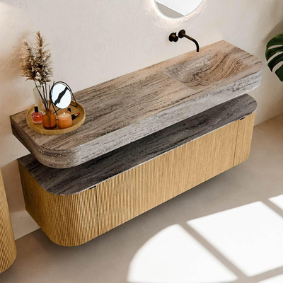 MONDIAZ THOR-DLUX 160cm badmeubel ronding links + rechts kleur Oak met 1 lade en 2 deuren. Vrijhangende wastafel CLOUD Rechts zonder kraangat kleur Oza.