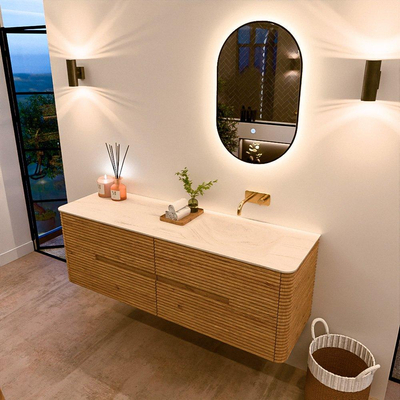 Mondiaz CIRO-DLUX Ensemble de meubles de salle de bains - 150x45x50cm - Plan vasque solid surface Meli - 1 vasque à droite - sans trous de robinet - 4 tiroirs - Chêne