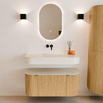 MONDIAZ THOR-DLUX 100cm badmeubel ronding links + rechts kleur Oak met 1 lade en 2 deuren. Vrijhangende wastafel CLOUD Midden zonder kraangat kleur Meli.