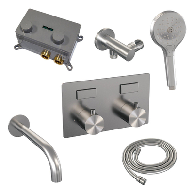 BRAUER Brushed Edition robinet de baignoire encastré thermostatique - boutons poussoirs SET 04 - bec - douchette 3 jets - flexible de douche - coude d'alimentation mural - acier inoxydable brossé PVD