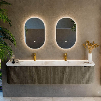 Mondiaz KURVE-DLUX Badkamermeubelset - 190x46x40cm - 2 lade - 2 deuren - wastafel solid surface - dubbel - 2 kraangaten - Shadow