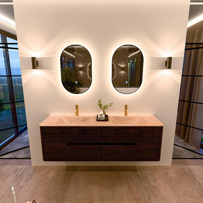 Mondiaz CIRO-DLUX Badkamermeubelset - 160x45x50cm - Solid surface wastafel Saba - 2 wasbak Dubbel - 2 kraangaten - 4 lades - Walnut