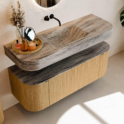 MONDIAZ THOR-DLUX 130cm meuble de salle de bains arrondi gauche + droite couleur Oak avec 1 tiroir et 2 portes. Vasque suspendue CLOUD Milieu sans trou de robinet couleur Oza.