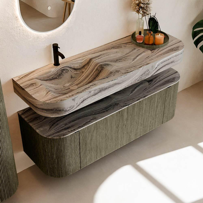 MONDIAZ THOR-DLUX 140cm meuble de salle de bains arrondi gauche + droite couleur Shadow avec 1 tiroir et 2 portes. Vasque suspendue CLOUD gauche 1 trou de robinet couleur Sombra.