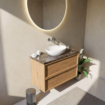 Saniclass Holz Frame Ensemble meuble de salle de bains - 100x45x63cm - Plan en pierre naturelle Noche dark emperador - sans trou de robinet - 2 tiroirs - chêne natural mat (bois)