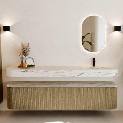 MONDIAZ THOR-DLUX 200cm meuble de salle de bains arrondi gauche + droite couleur Dusk avec 2 tiroirs et 2 portes. Vasque suspendue CLOUD Droite 1 trou de robinet couleur Nata.