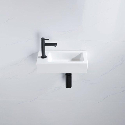 FugaFlow Efficiente Pietra Ensemble de fontaine - 37,5x18,5x9cm - céramique - trou de robinet à gauche - robinet de fontaine noir mat - bouchon de vidange - siphon abaissé - Blanc brillant