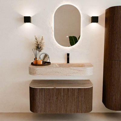 MONDIAZ THOR-DLUX 100cm meuble de salle de bains arrondi gauche + droite couleur Walnut avec 1 tiroir et 2 portes. Vasque suspendue CLOUD Droite 1 trou de robinet couleur Saba.