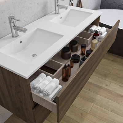 Adema Chaci Ensemble meuble de salle de bains - 120x46x57cm - 2 vasques en céramique blanche - 2 trous pour robinets - 2 tiroirs - miroir rectangulaire - noyer (bois)