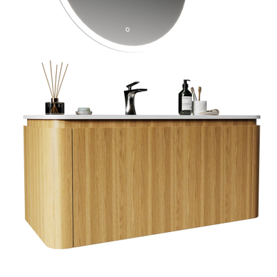 Saniclass Terra Meuble sous lavabo - 100cm - 2 tiroirs - lavabo en solid surface - 1 vasque - 1 trou de robinet - coins arrondis - sandwood (chene clair)