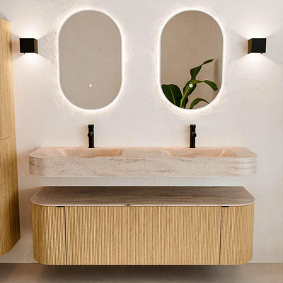 MONDIAZ THOR-DLUX 150cm badmeubel ronding links + rechts kleur Oak met 1 lade en 2 deuren. Vrijhangende wastafel CLOUD Dubbel 2 kraangaten kleur Saba.