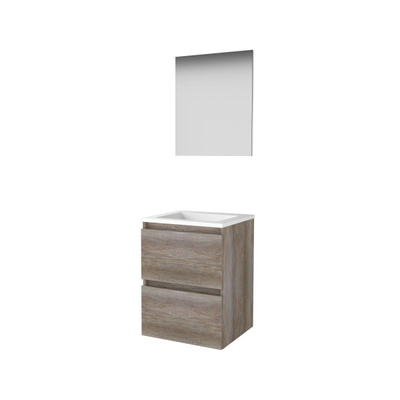 Basic-Line Basic 46 ensemble de meubles de salle de bain 50x46cm sans poignée 2 tiroirs lavabo acrylique 0 trous de robinetterie miroir mfc scotch oak