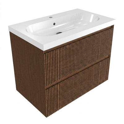 Saniclass Holz Atelier Ensemble meuble de salle de bains - 80x45x63,5cm - lavabo en céramique Palermo blanc - 1 vasque - 1 trou de robinetterie - 2 tiroirs - walnut pure mat (bois)