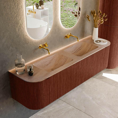MONDIAZ KURVE-DLUX Meuble de salle de bains 170cm arrondi Gauche + Droite couleur Ruby avec 1 tiroir et 2 portes. Lavabo LEAF Double sans trou de robinet Saba.