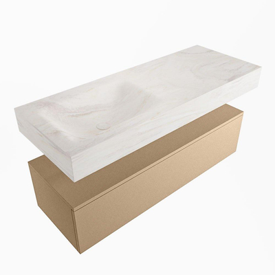 Mondiaz ALAN-DLUX Ensemble de meuble - 120cm - meuble Oro mat - 1 tiroir - Lavabo Cloud Ostra suspendu - vasque Gauche - 0 trous de robinet