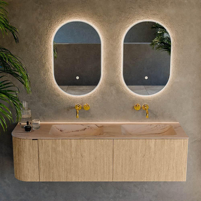 MONDIAZ KURVE-DLUX 155cm badmeubel ronding Links kleur Oak met 2 lades en 1 deur. Wastafel LEAF Dubbel / Rechts zonder kraangat Arena.