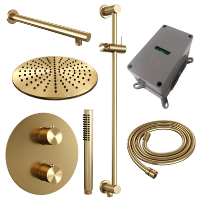 BRAUER Gold Edition Douche de pluie encastrée thermostatique - 3 voies - ronde - set 86 - pomme de douche principale 30cm - bras mural droit - douchette à main barre - flexible de douche - barre de douche intégrée - or brossé PVD