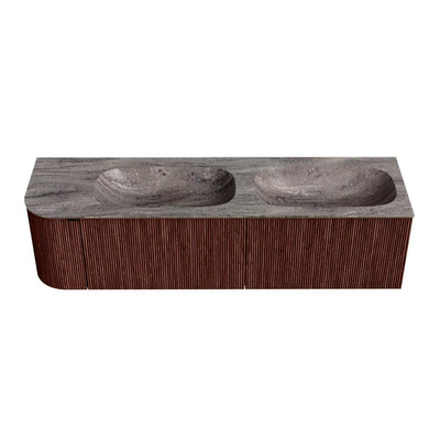 MONDIAZ KURVE-DLUX 165cm meuble de salle de bains arrondi gauche couleur Ruby avec 2 tiroirs et 1 porte. Lavabo STOR SMALL Double / Droite sans trou de robinet Oza.